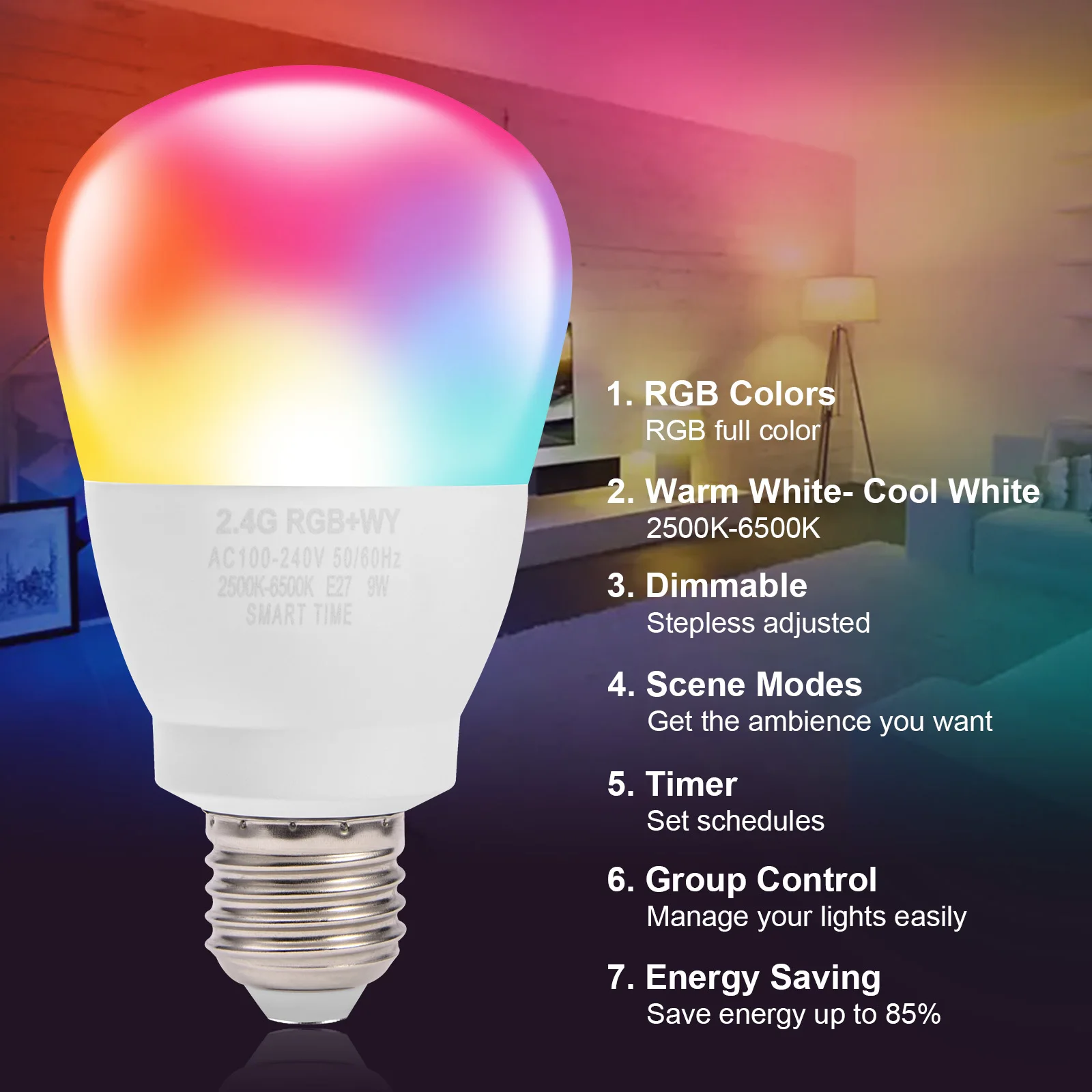 9W E27 RGBWY LED Light Bulbs 2.4GHz Wireless 2-Zone Remote Control Smart Bulb Lamp Dimmable Color Changing Light Indoor Lighting