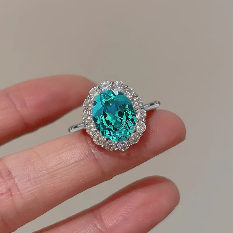 Cultivate new 100% S925 silver Paraiba precision cut ring for women, 8 * 10mm oval surround with light luxury wedding jewelry