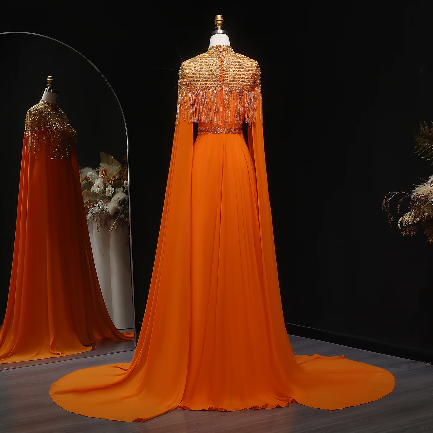 شارون سعيد دبي فساتين سهرة برتقالية فاخرة بأكمام كيب طويلة للنساء لحفلات الزفاف فساتين حفلات عربية SF339 مخصصة