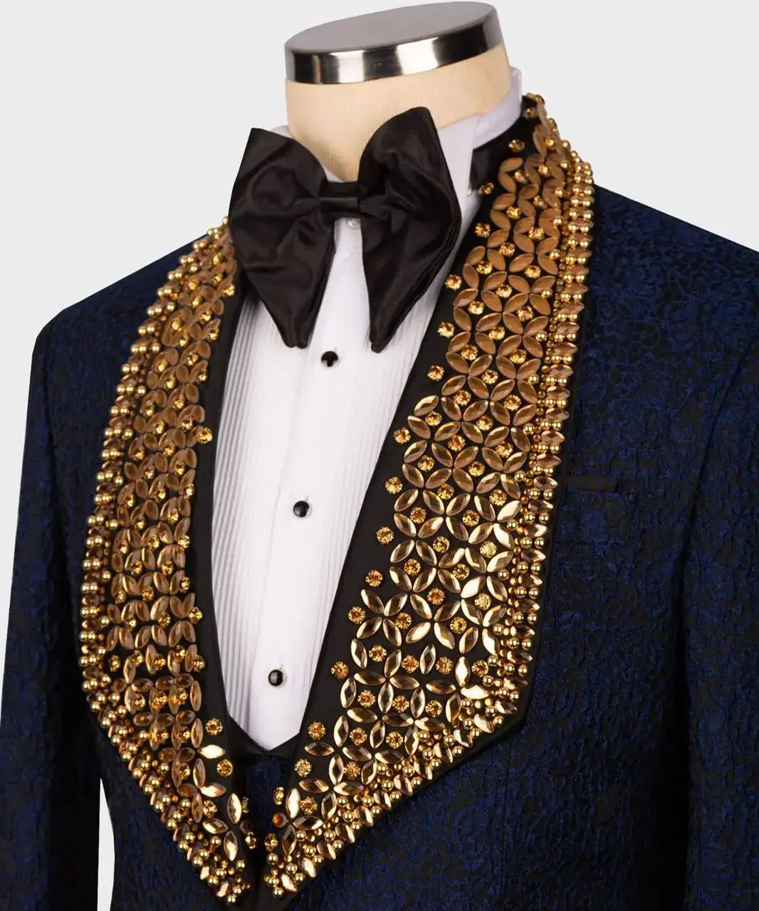 Setelan jas pria biru laut Set 2 potong Blazer + Celana mewah kristal pengantin pria tuksedo pernikahan kancing sebaris mantel dibuat sesuai pesanan jaket Prom