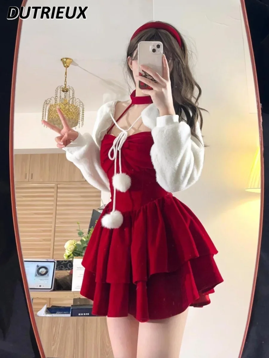 Autumn and Winter Christmas Elegant Outfits Halter Neck Dresses Sweet Cute White Coat and Dress Two-piece Set for Women