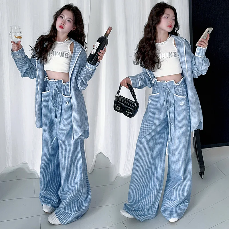 

American design retro teen girl clothes suit contrasting striped shirt+casual loose pants 2pcs junior kid pant set child outfits