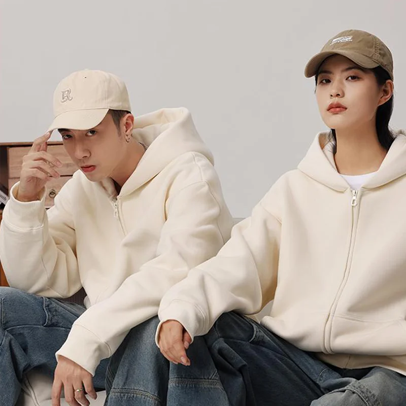 

Модные мужские толстовки на молнии 500GSM, новые осенне-зимние повседневные толстые хлопковые мужские топы, однотонные толстовки с капюшоном