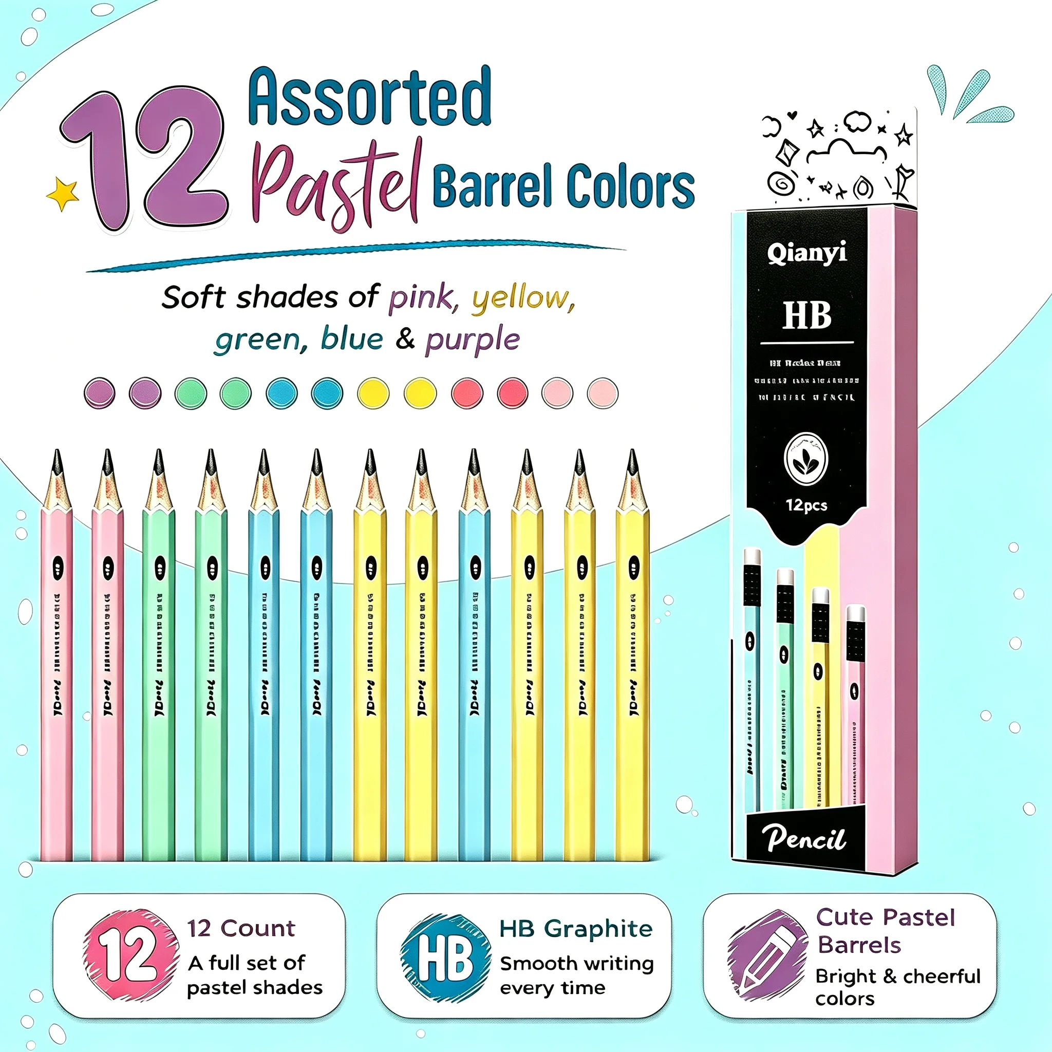Wooden Pencils 12 pcs HB Student Pencils Multicolored Pencils For Primary And Secondary School Student Supply