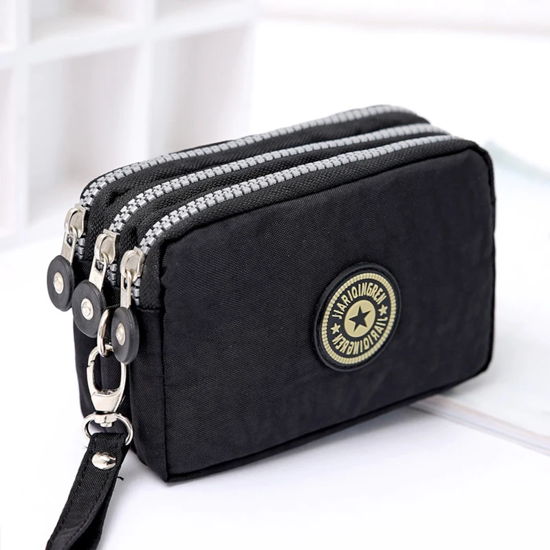 New Dropshipping Coin Cosmetic Women Small Wallet Washer Wrinkle Fabric Phone Purse Three Zippers Portable Make Up Bag 18 Colors