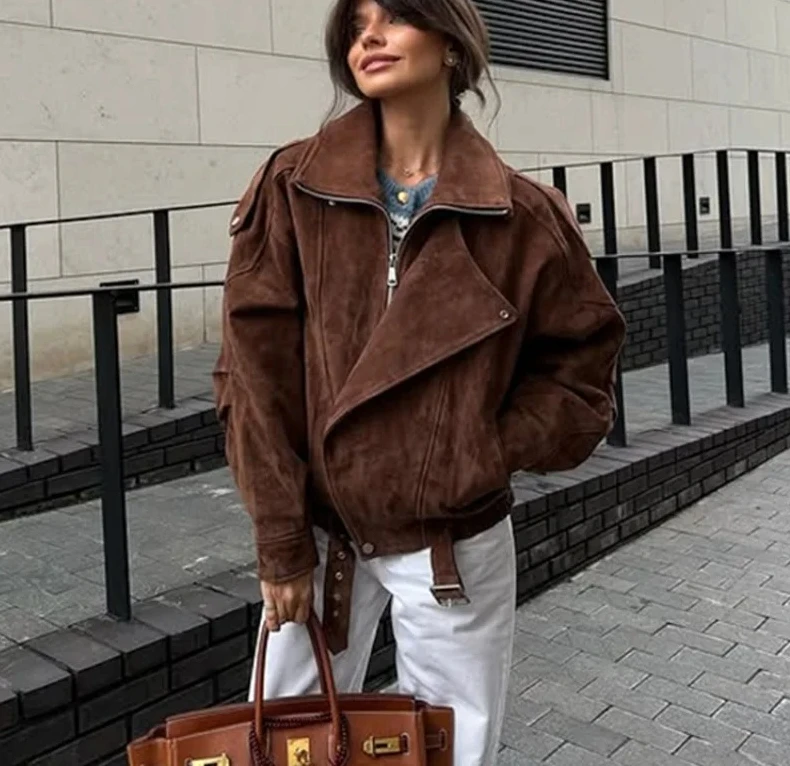 

Women's Suede Jacket Long Sleeve Lapel Zipper Coat Vintage Brown Outwears New Lady Fashion Streetwear Clothes