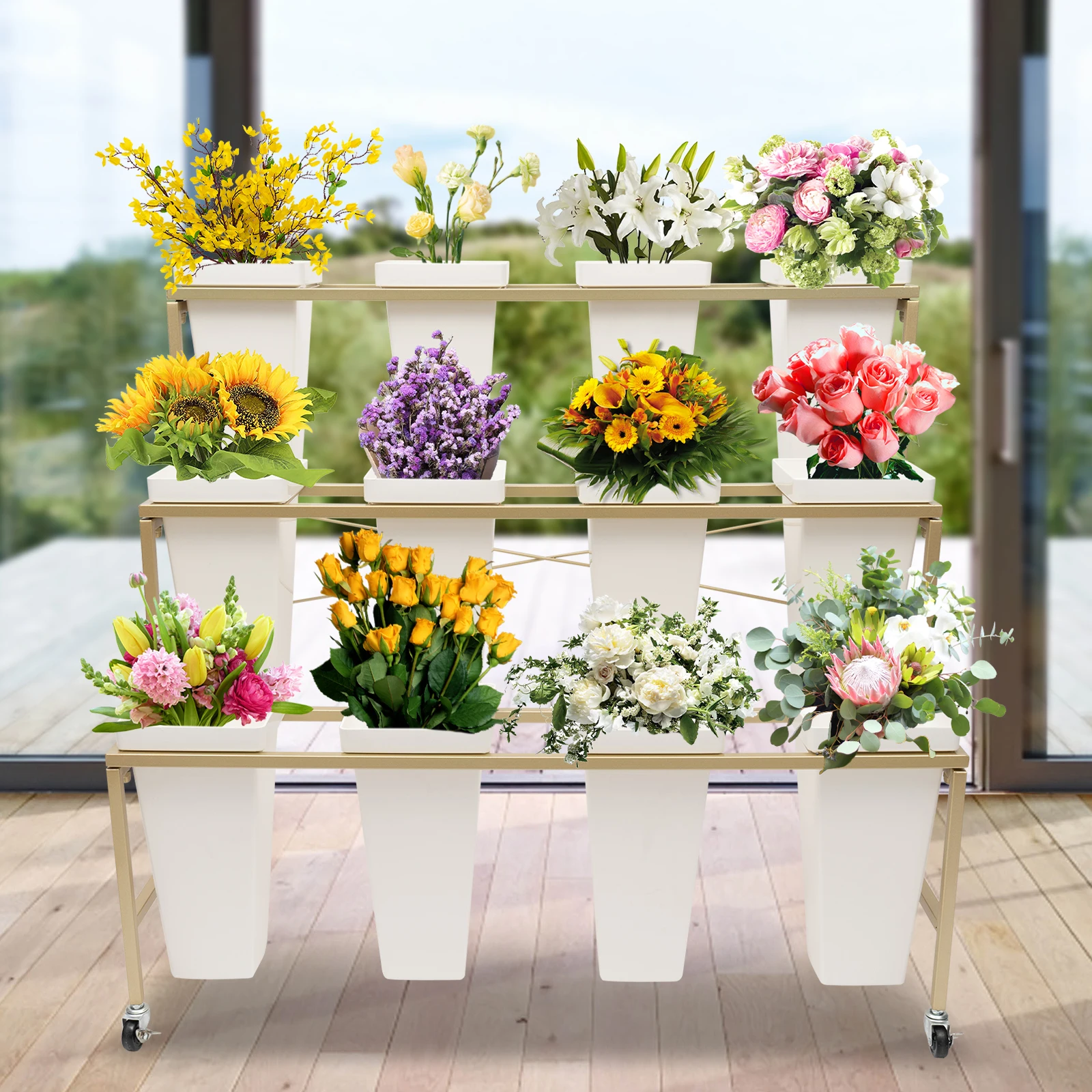 Gold Display Rack with Wheels Flower Display Stand Three Layers with White Square Buckets Flower Shop (12 buckets+rack)