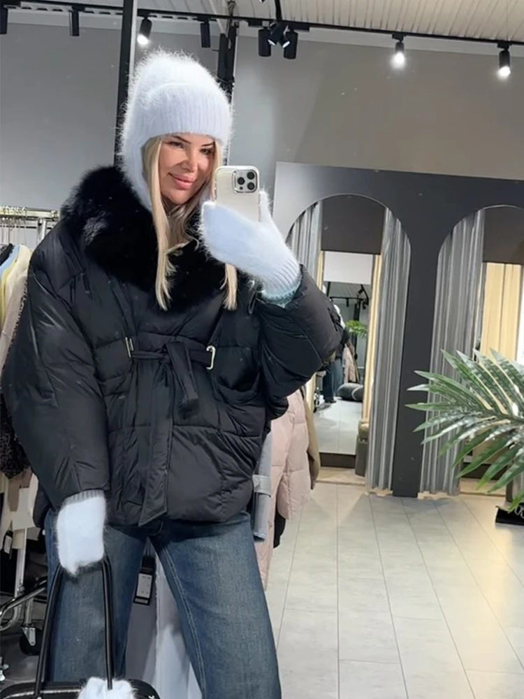 

Woolen Collar Solid Color Fine Belt Cotton Coat Women Fashion Long Sleeved Waist Cinched Slim Fit Warm Clothing Lady Casual Wear