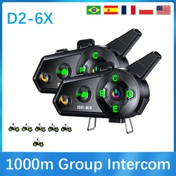 D2-6X Motorcycle Helmet Bluetooth Intercom 6-Person Switching Intercom Distance 1000 Meters Multi-Scene Mixing IP66 Waterproof