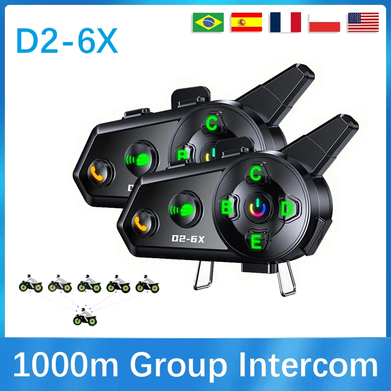 D2-6X Motorcycle Helmet Bluetooth Intercom 6-Person Switching Intercom Distance 1000 Meters Multi-Scene Mixing  IP66 Waterproof