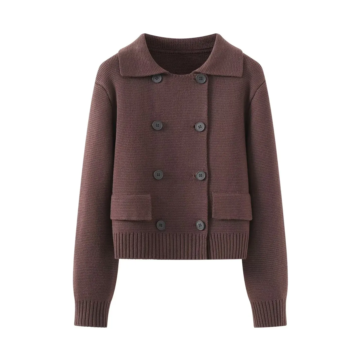 

Women Commuting Knitted Jacket Lapel Double Breasted Pocket For Decoration Short Jacket Lady Retro Casual Knitted Outwear Coat