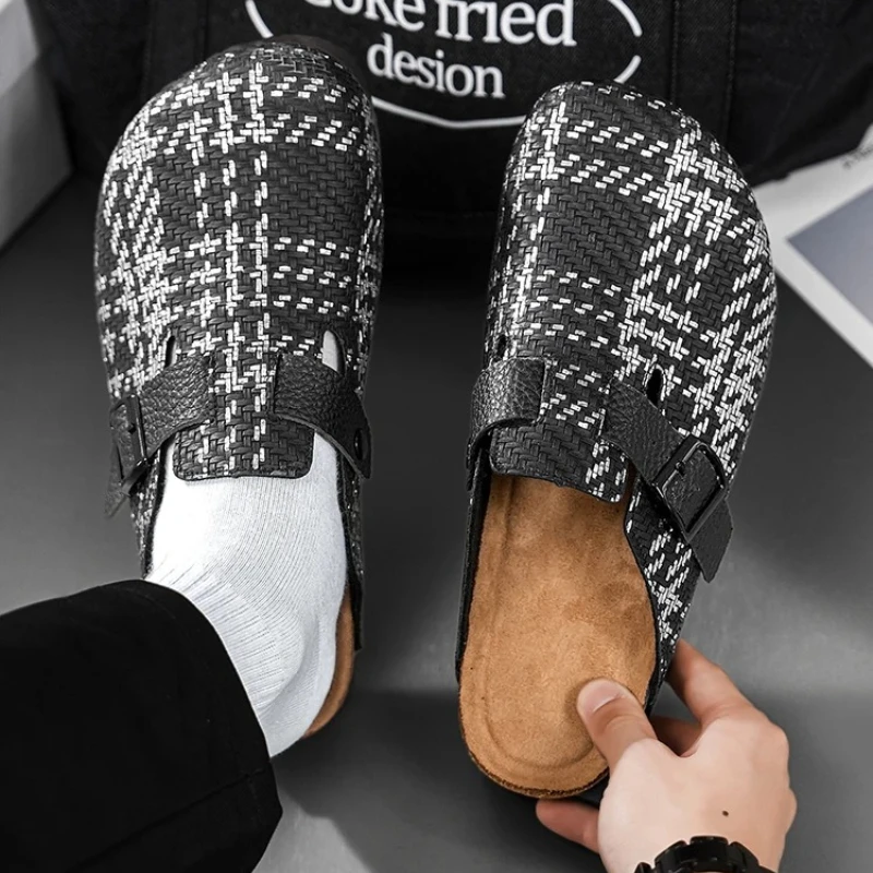 

Модные шлепанцы-мюли из искусственной кожи для мужчин и женщин, с широким носком, пробковые сандалии без задника, сабо с комфортной ортопедической стелькой для дома и улицы