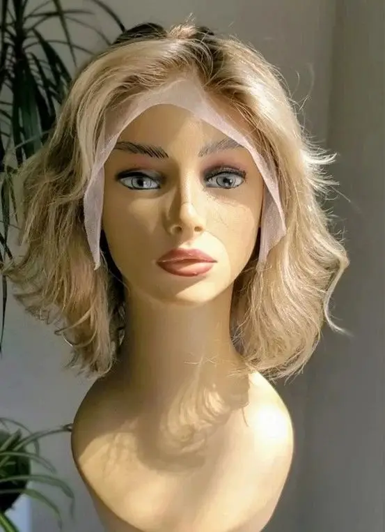 باروكة نسائية قصيرة أومبير تسليط الضوء على أشقر فاتح موجة المياه الاصطناعية الدانتيل الجبهة الباروكات مظهر واقعي شعري طبيعي تأثيري الباروكات #2