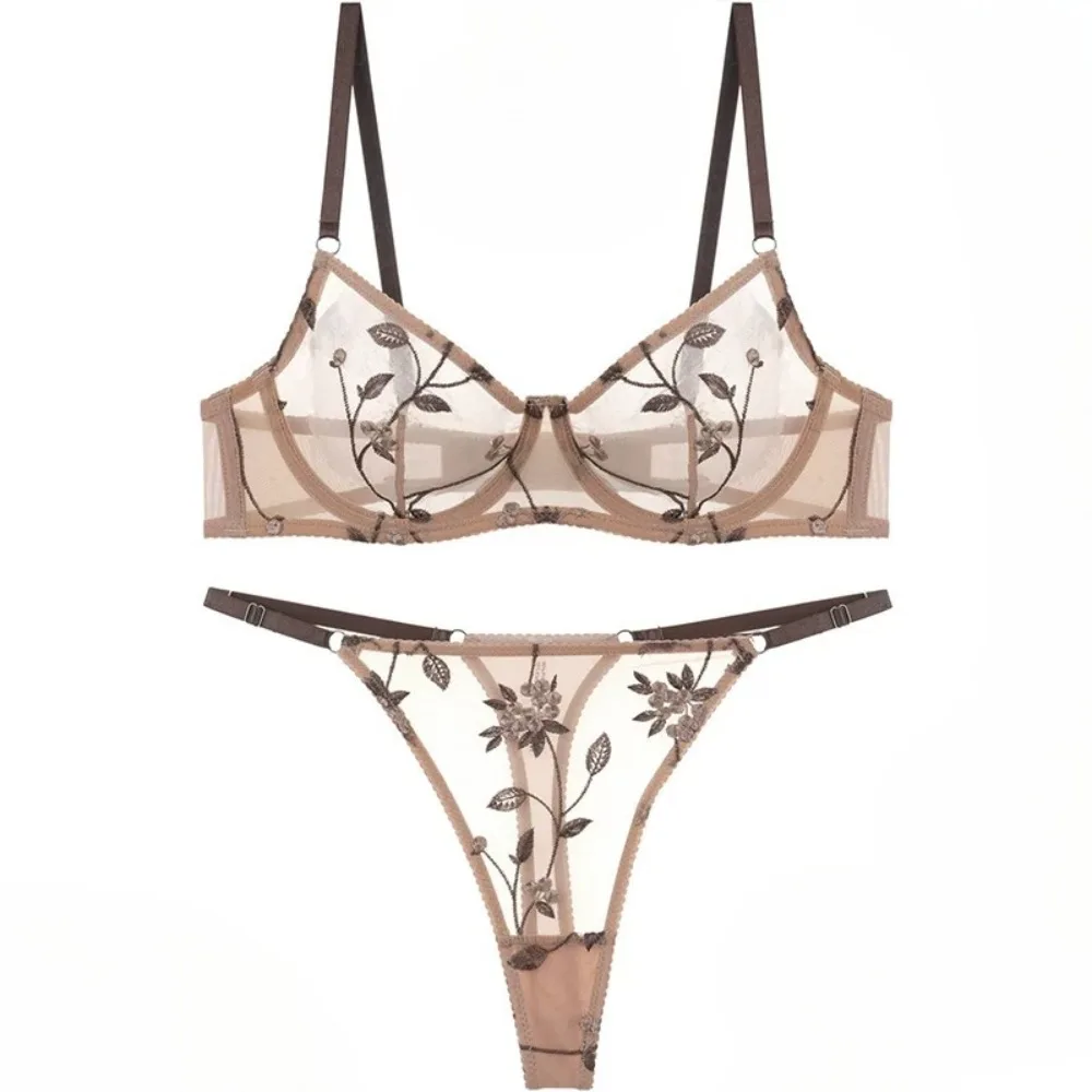 BANERDANNI Popular Sexy Transparent Floral Mesh Embroidery Lingerie Set Women Ultra Thin Bra Thong Comfort Underwear Suit  32‑38