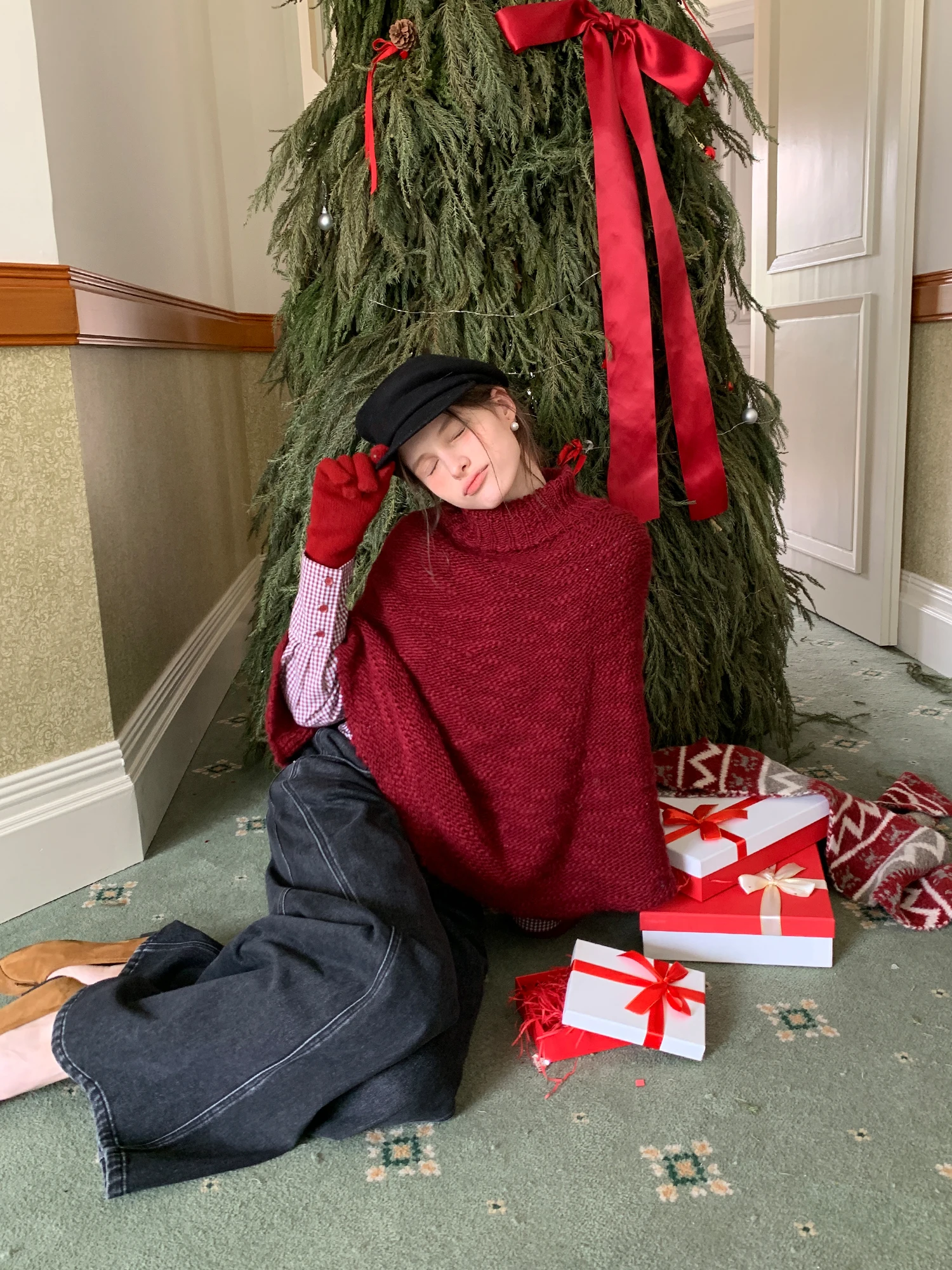 

Вязаный свитер-накидка Cisas Sle с высоким воротником, свободный крой, красный, для девочек, на Новый год, теплый, для путешествий, повседневная одежда Ciwalk