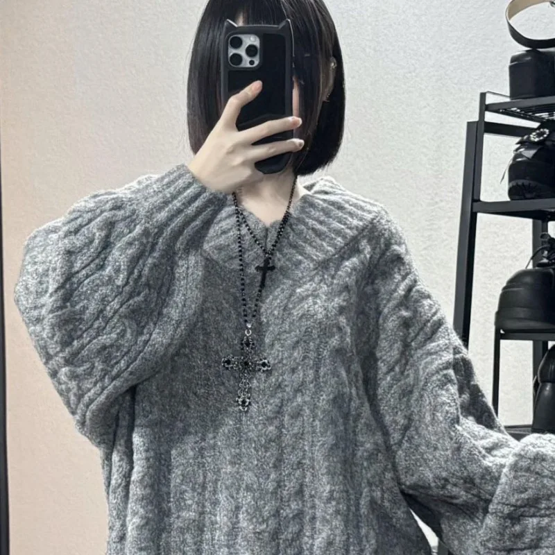 Pullovers Women High Street Autumn Winter Thick Knitted Hot Girls V-neck Off Shoulder Korean Style Loose Ins Ulzzang Solid Gray