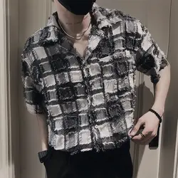 Boyfriend Summer 2024 New Patchwork Square Collar Button Pocket Plaid Fashion Slim Comfortable Casual Short Sleeved Shirts