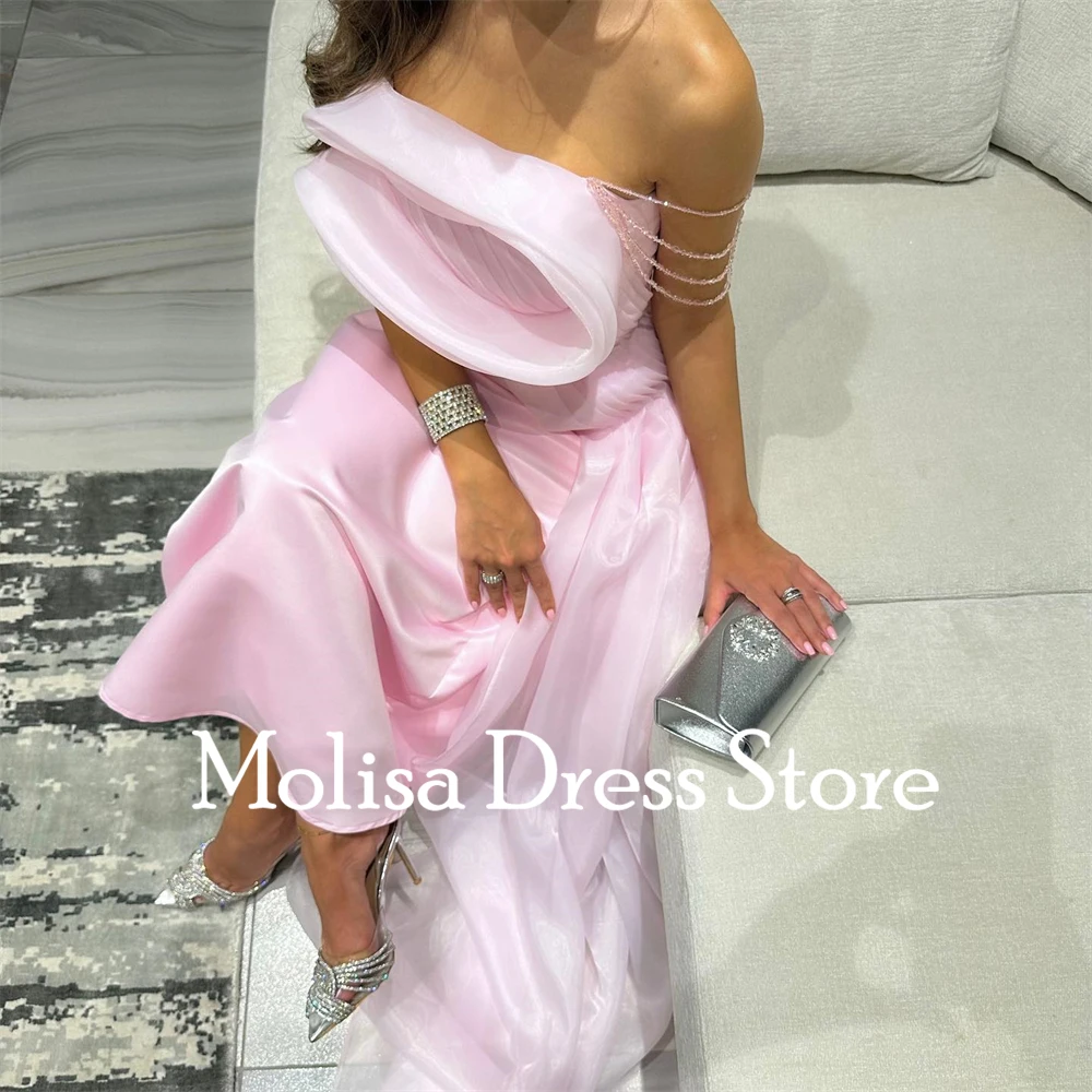 Fashion Pink Formal Occasion Dresses Strapless Organza Prom Gowns Organza Ankle-Length A-Line Evening Party Dress  فساتين حفلات