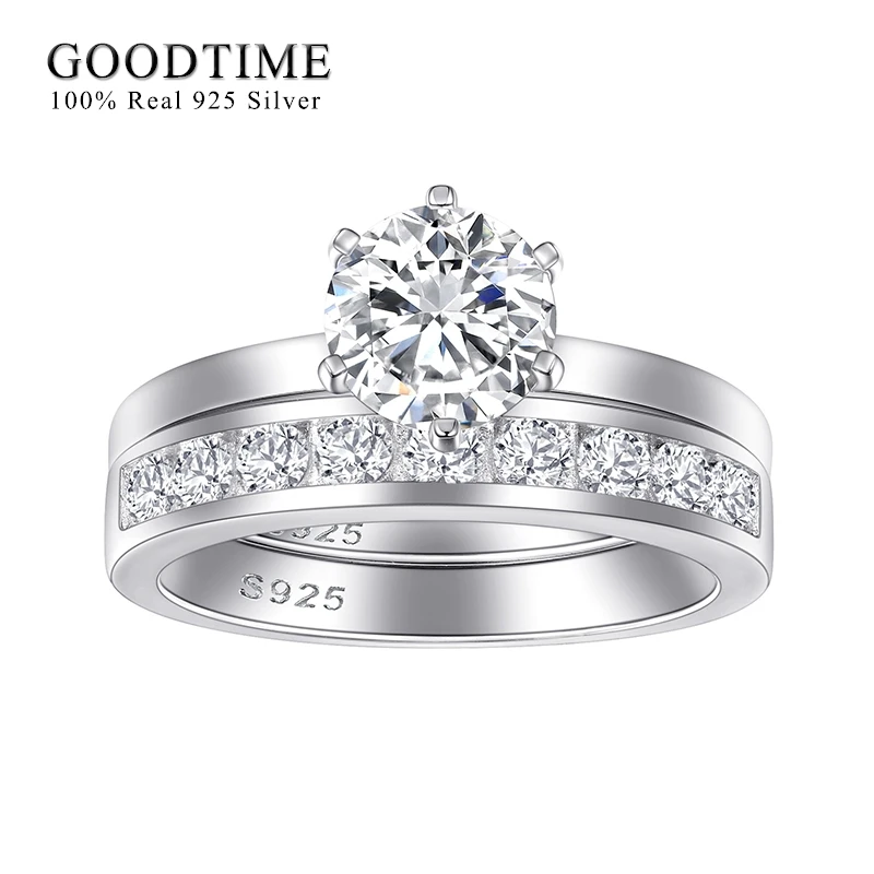

Luxury Woman Ring Set Pure 100% 925 Sterling Silver 5A Round Zircon Ring Wedding Egagenent Band Anniversary Jewelry Gift 7mm