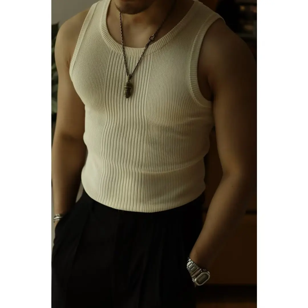 Grey Vest Men's Summer American Threaded Elastic Knitted Slim Fit Sleeveless T-Shirt Sports Fitness Training T-Shirt
