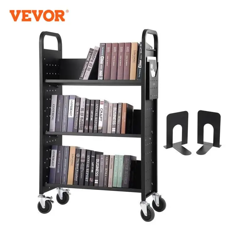 VEVOR 330lbs 3 Tier Library Book Cart Floor Mounted Bookshelf with 4in Lockable Wheels Movable Book Storage Rolling Storage Cart