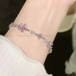 Korean Elegant Cherry Blossom Bow Zircon Bracelet Y2K Sweet Ladies Wedding Crystal Flowers Bracelets Women Jewelry Accessories