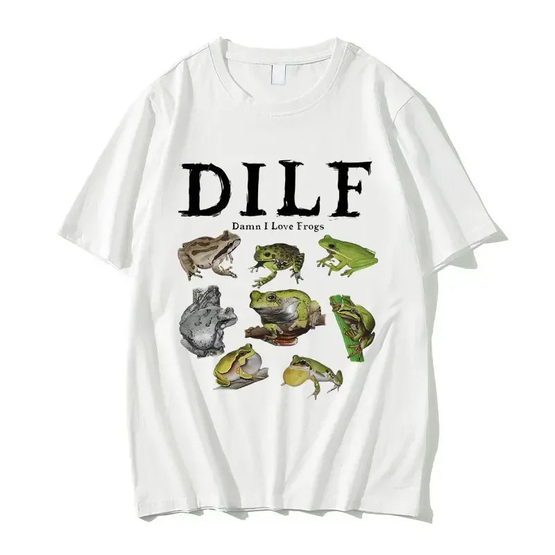 2026-27 Retro Dilf Loves Frog Graphic T-shirt, Fun Expressive Frog Print Women Casual Summer Short Sleeve Tee