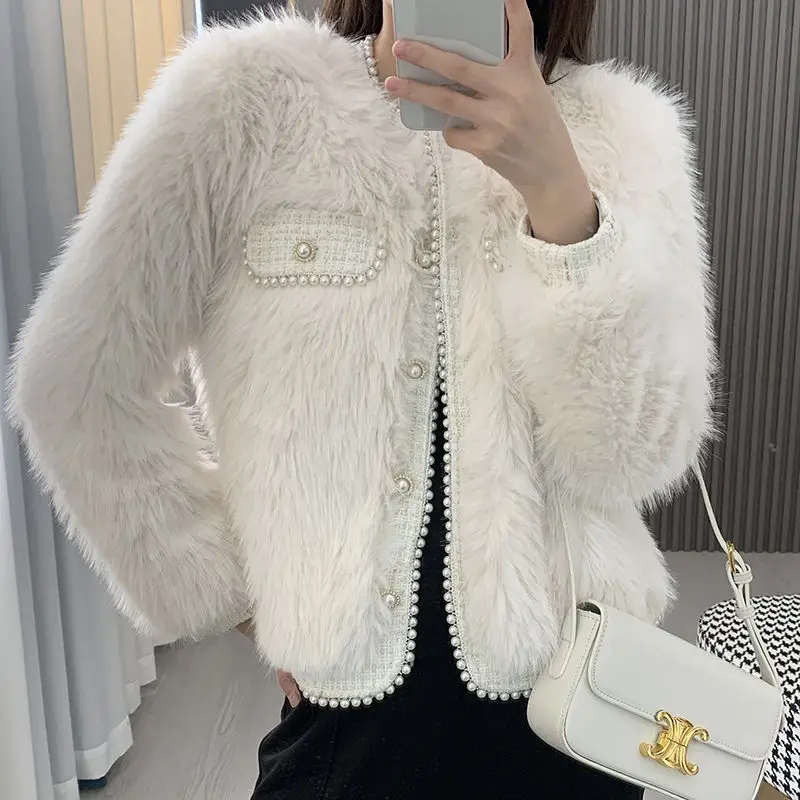 2024 Autumn and Winter New Fashion Faux Fox Fur Coat Women's Elegant Celebrity Pearl Buckle Short Top