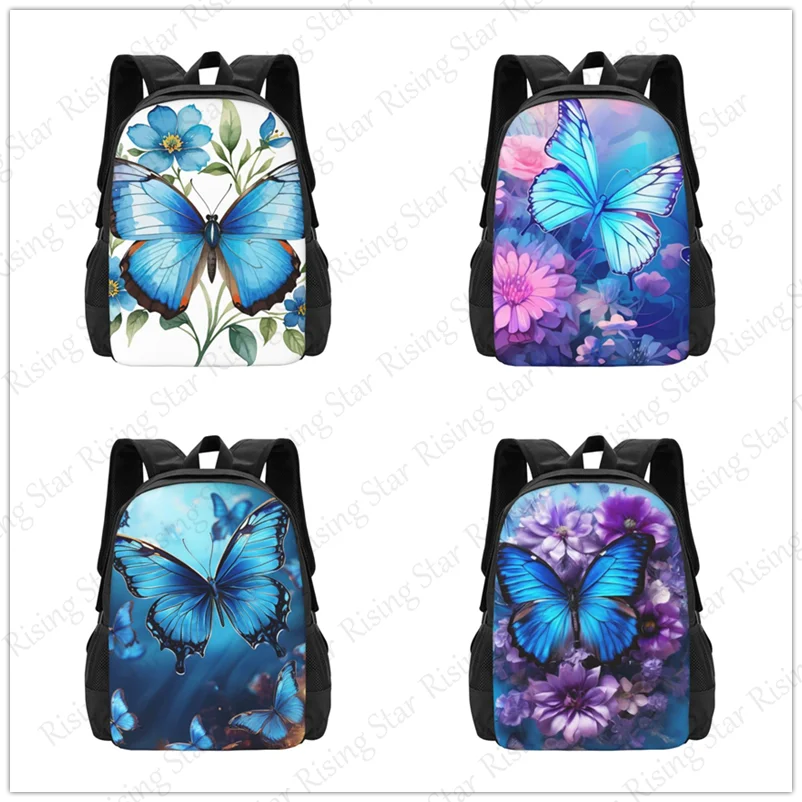 

Blue butterfly flower Large capacity printed schoolbag boys girls backpack teenagers students leisure travel commuter backpack