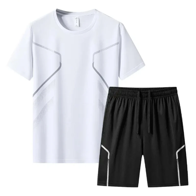 Two Piece Summer Men Clothing Loose Sports Sets Quick Dry O-Neck Short Sleeve T-shirt Elastic Waist Pocket Casual Shorts Suit