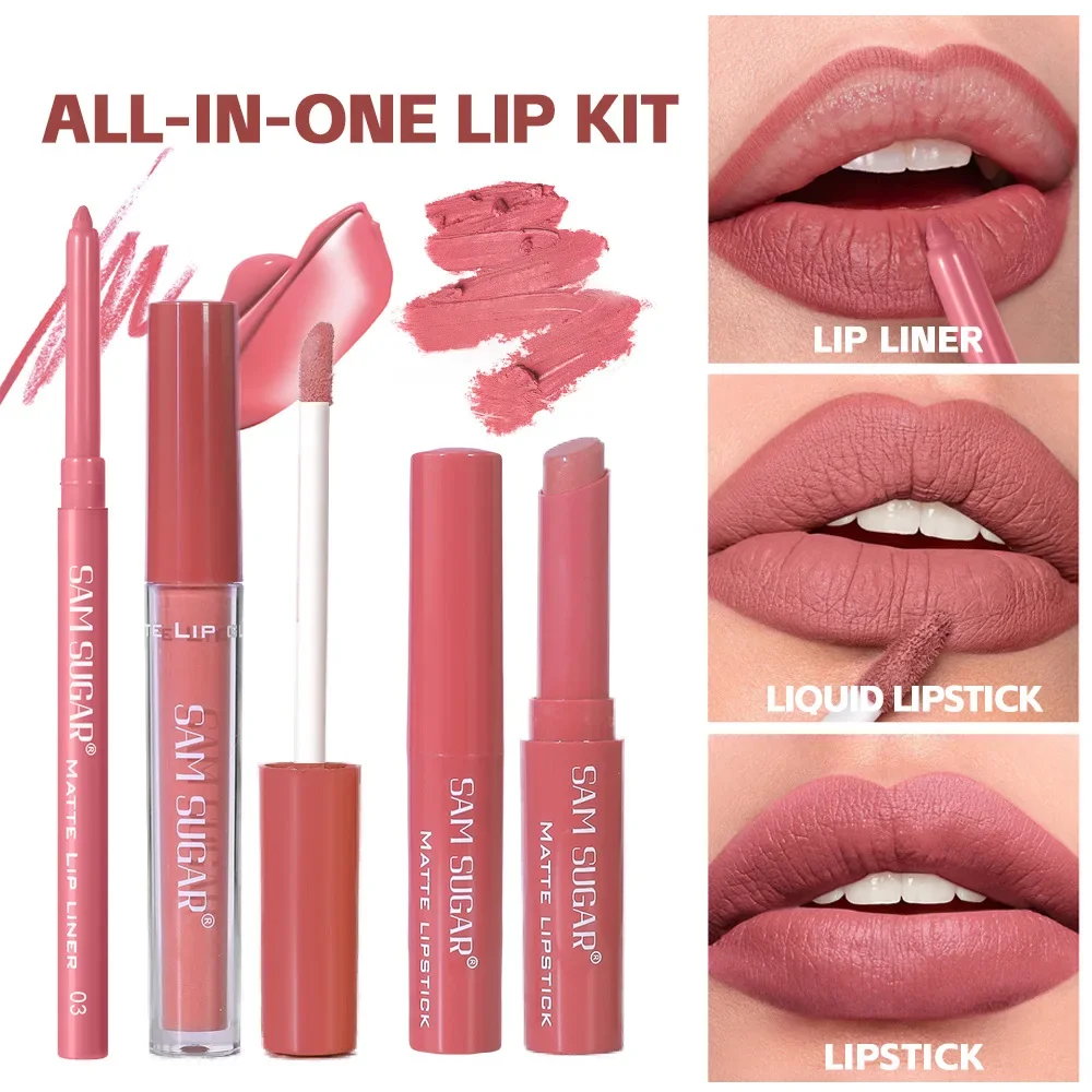 SAM SUGAR Langlebiges, wasserfestes, mattes Lippen-Make-up-Set, hochpigmentierter 3-in-1-Lipliner, flüssiger Lippenstift, Lippenstift-Set