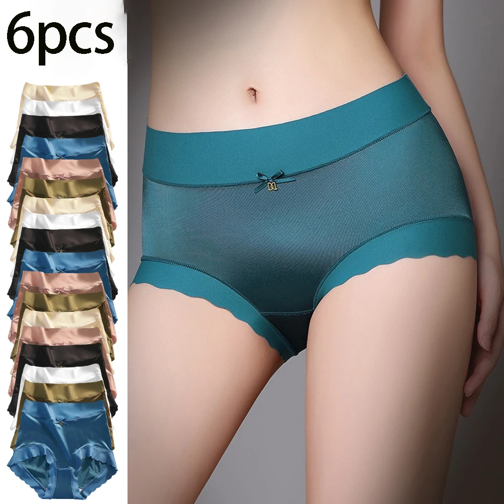 6pcs Plus Size Women's Seamless Luxury Satin Briefs Mid-Waist Ruffle Mulberry Silk Butt-Lifting Panties Skin-Friendly Crotch, Sexy, Stretchy UnderWear for Women