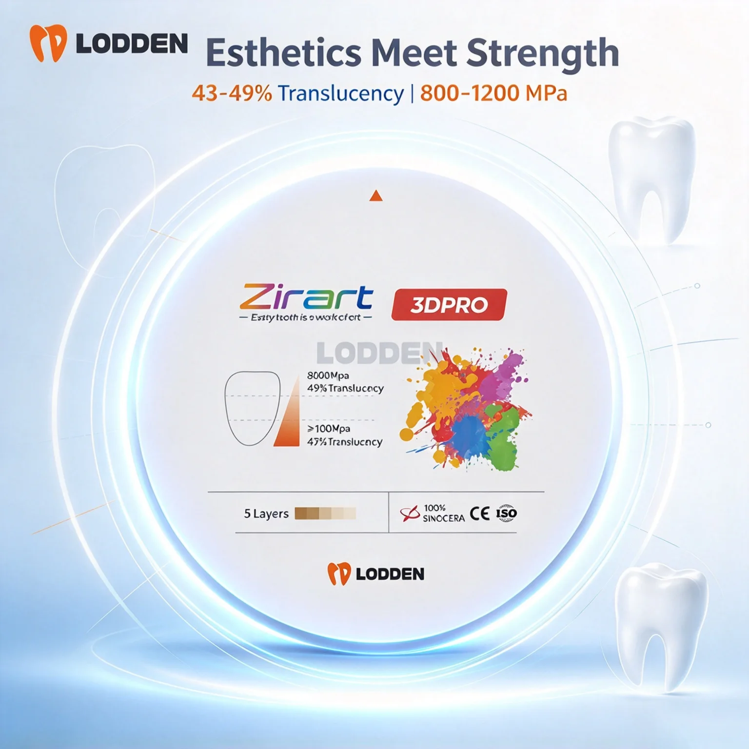 LODDEN 3D Pro Zirconia Disc Dental Lab CAD CAM Open System 98x10-25mm 43-49% High Strength Multilayer Zirconia Block