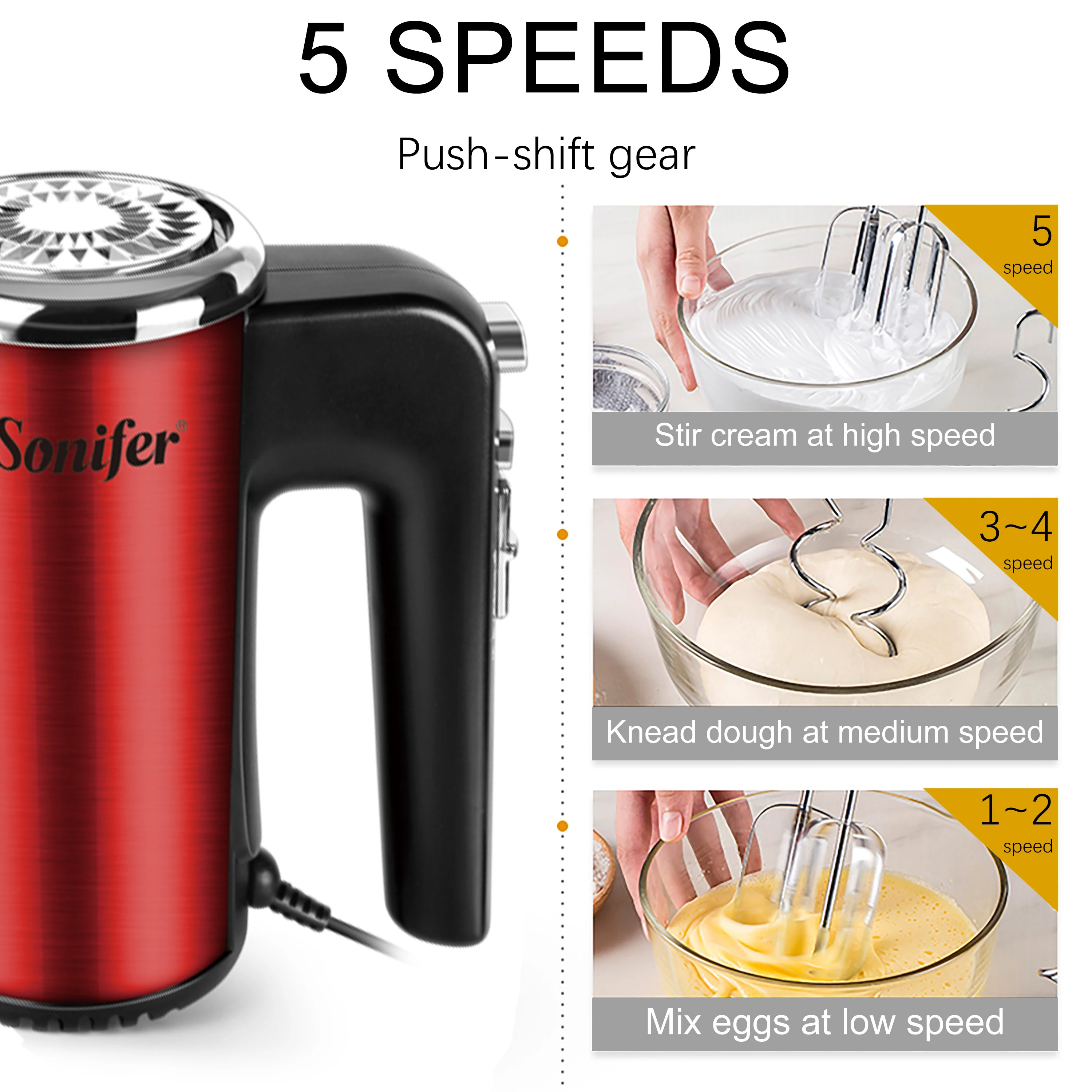 Red Food Mixer Electric Stainless Steel Kitchen Blender With Dough Hooks Chrome Egg Beater Hand Mixer Machine For Bakery Sonifer