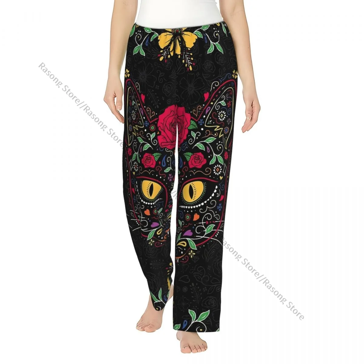 

Women Flannel Lounge Pants Soft Kitty Cat Day Of The Dead Skull Pajama Pants Winter Sleepwear