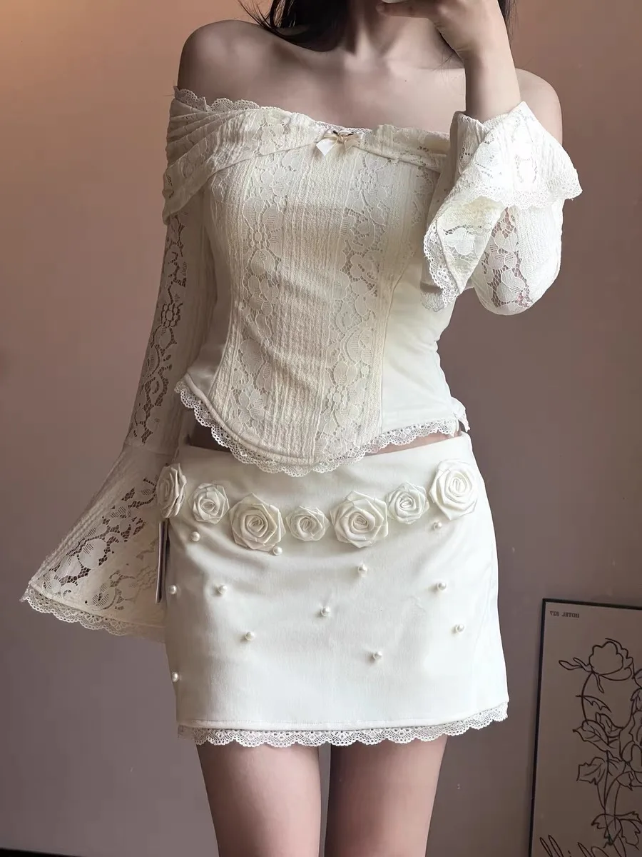 Women Romantic Sexy Style White Rose Lace Off Shoulder Flared Sleeve 2 Piece Sets Coquette Cutecore Princess Shoujo Girl Clothes