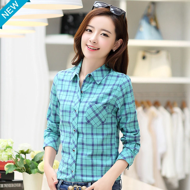 New in shirt 100%cotton long-sleeve shirts for women slim fit shirt elegants plaid tops fashion soft clothes streetwear blouse