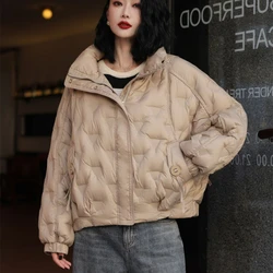 Women's Casual Puffer Jacket with Pockets, Stand-up Collar, Thick, Loose, Warm, Snow Coats, Simple, Monochromatic, Winter, New