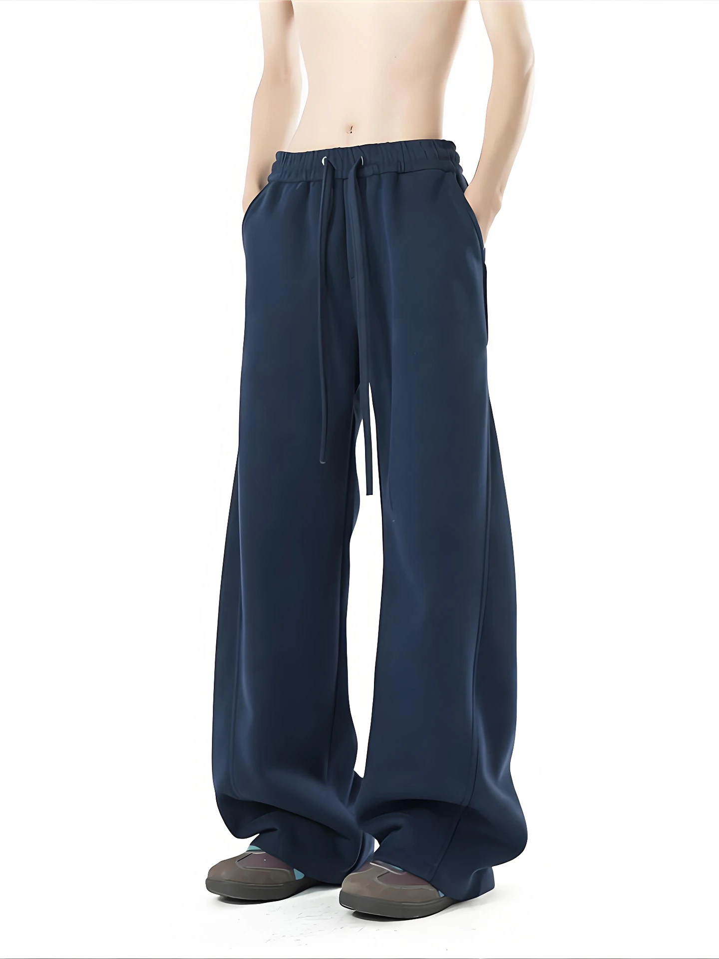 

American Style Slant Cut Dark Blue Men's Straight Leg Spring Autumn Wide Leg Drapey Knife Sweatpants Heavy Duty Straight Spor...
