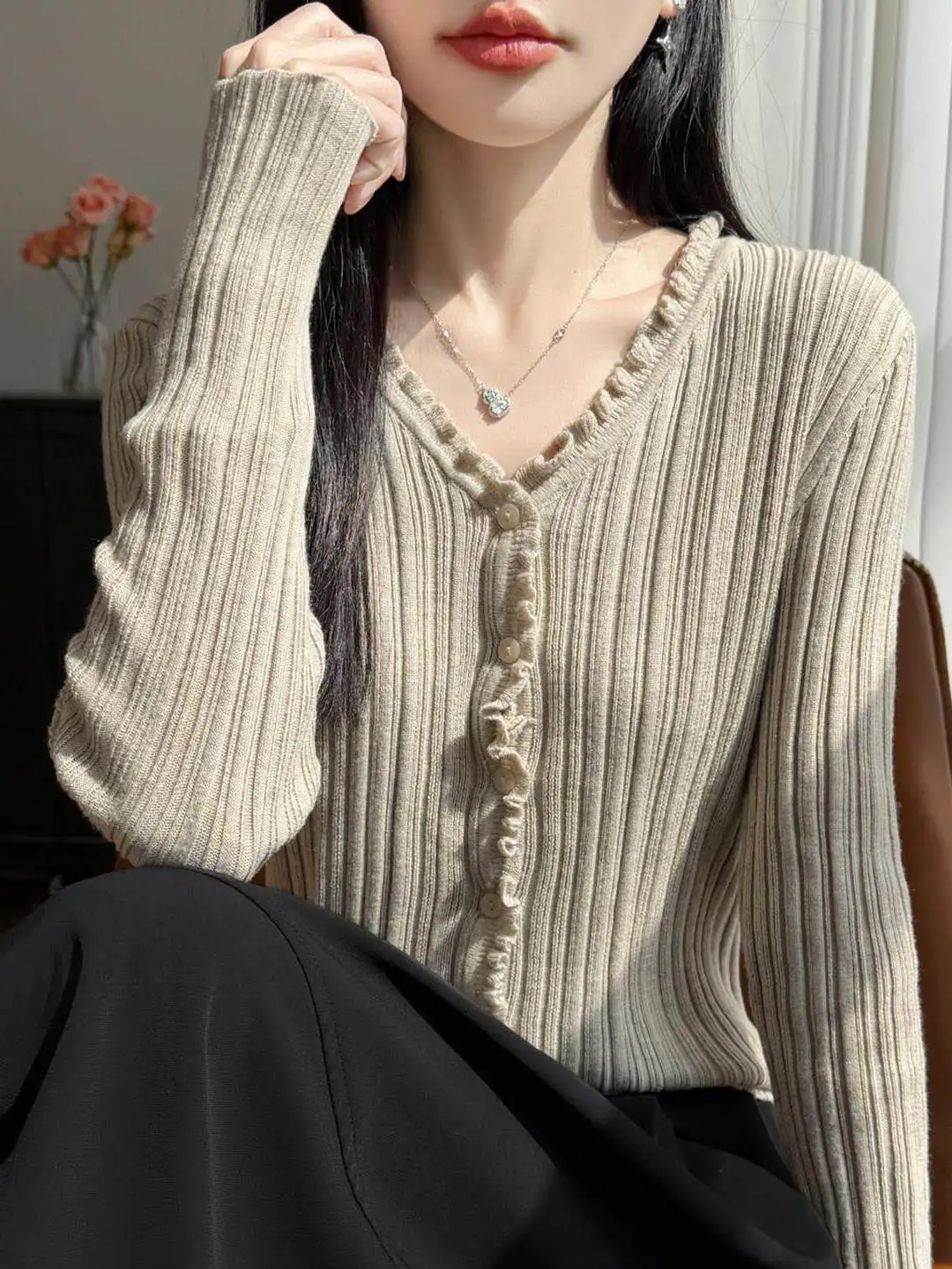

Fashionable V-Neck Knitted Open Cardigan Women's Spring Autumn Slimming Large Size Top Wood Grain Design Commute Style