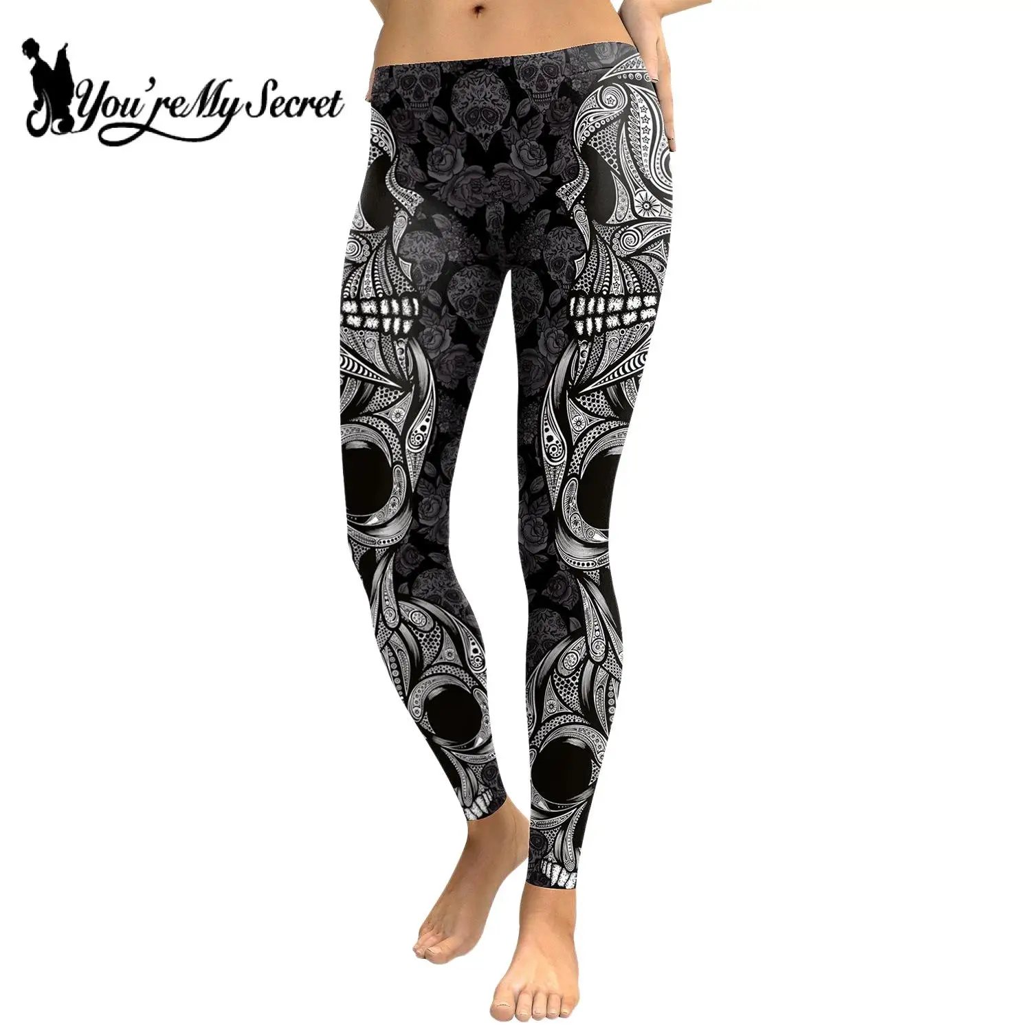 

[You're My Secret] 2023 New Low Waist Leggings Gothic Skull Black Sexy Trousers Leggin Female Casual Pants Fitness Slim Legging