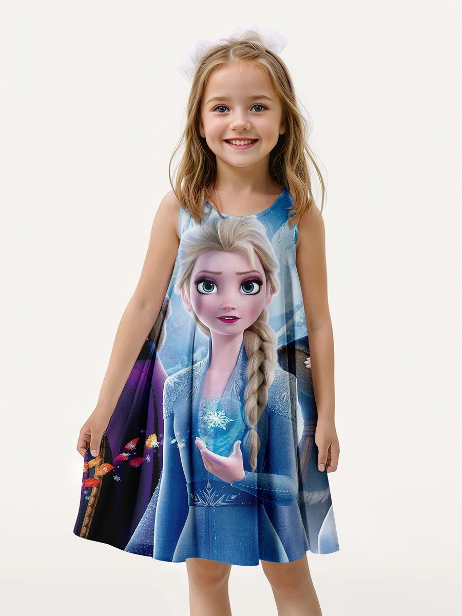 MINISO New Summer Girls' Skirt Frozen 3D Printed Cute Cartoon Elsa Princess Disney Fashion Dress Party Children's Clothing