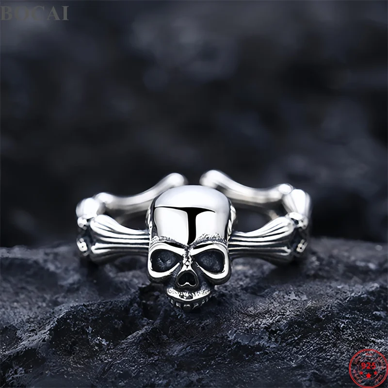 BOCAI NEW S925 Sterling Silver Rings for Men Women Hip-Hop Trend Personality Dark Aesthetic Skull Bone Ring Fine Jewelry