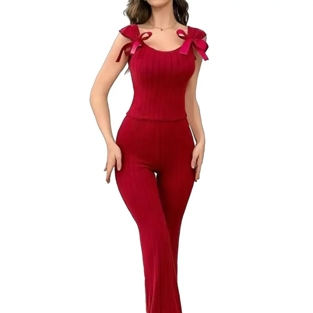 

2-Piece Women's Autumn and Winter Bow Knot Ribbed Elegant Bow Women's Simple Long-Sleeved Pants Pajama Set