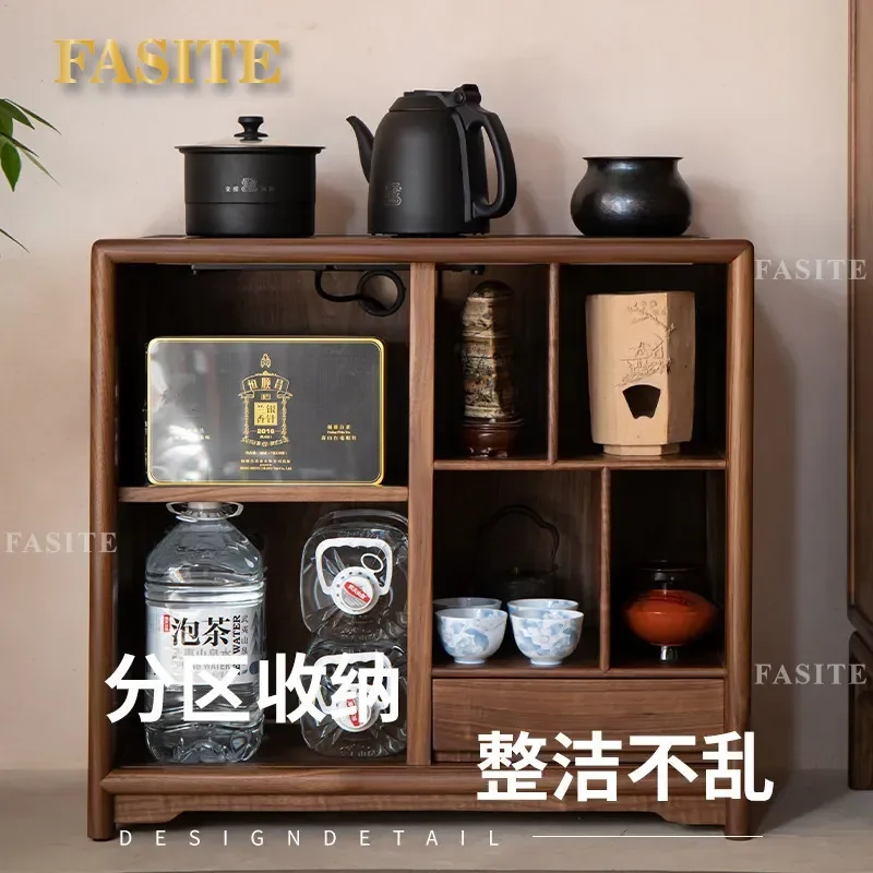 For Solid Wood Black Walnut Tea Cabinet New Chinese Style Kettle Integrated Side Table with Shelf Edge for Living Room Tea