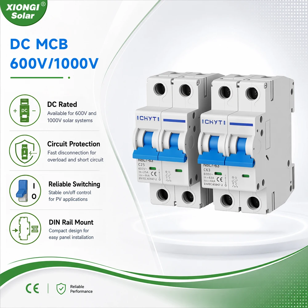 XIONGISOLAR 2P 600V/1000V 16A 25A 32A 40A 50A63A PV Miniature Circuit Breakers Din Rail DC  Mini Circuit Breaker MCB for Solar