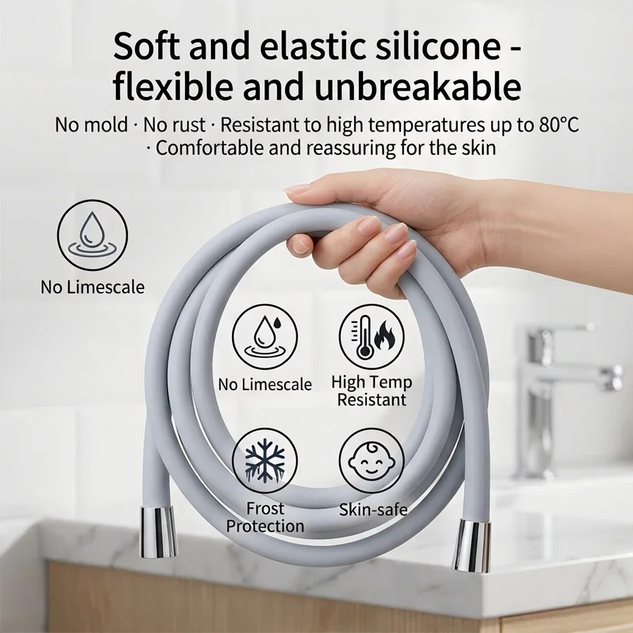 A grey/black/white silicone shower hose, 150cm/200cm in length, with G1/2 interface, easy to install