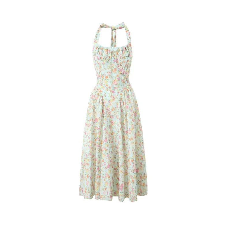 Women Summer  Sleeveless Adabella Soft Blue Vintage Floral Print Cotton Halter Sundress Midi Dress