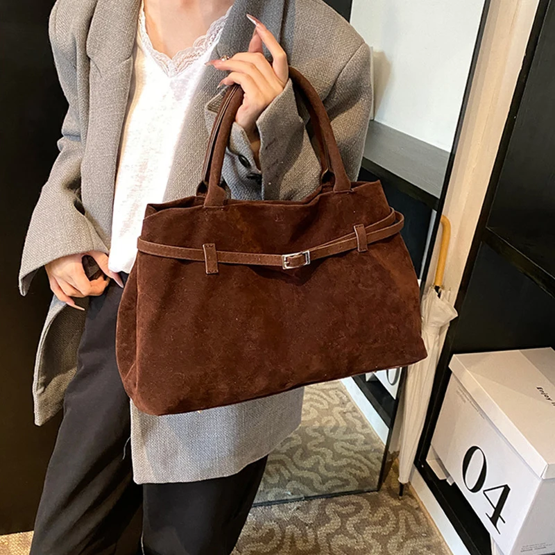 Schnalle Dekoratives Design Solide Faux Wildleder Handtasche Große Kapazität Haspe Casual Tote Heißer Verkauf Taschen für Frauen Bolsas Femininas – Detail 8