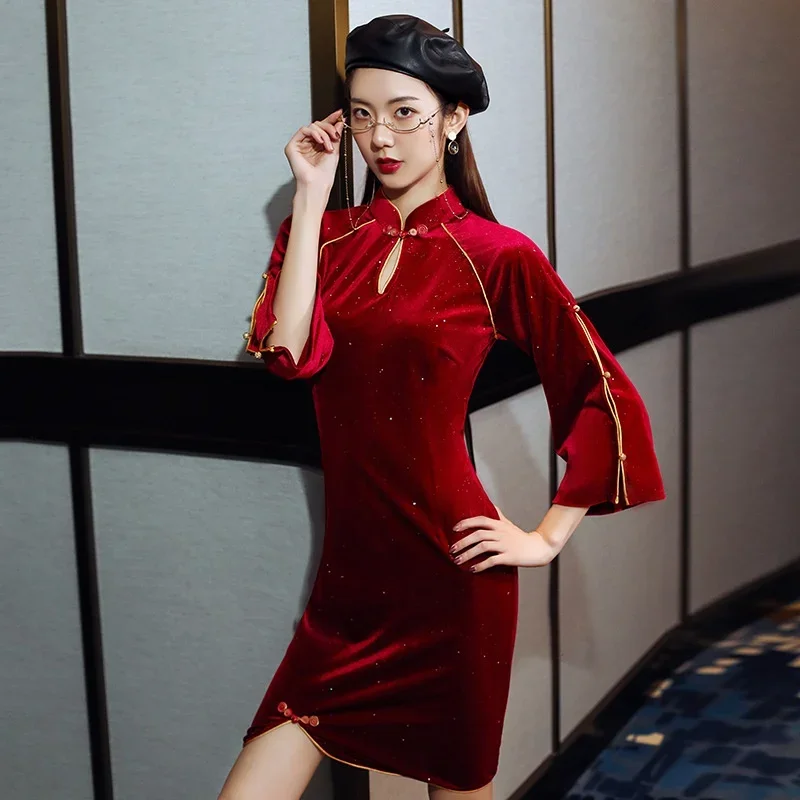 Sexy Chinese dress qipao velvet cheongsam Qi pounds red vestidos robe vintage Femme 3/4 sleeve Shanghai Oriental dress 10296